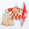 Girls Cream Bandhej Printed Peplum Kurti with Sharara & Dupatta | Mirror Work | Organic Cotton Ethnic Set