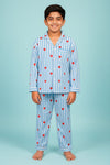 Sky Blue White Striped Red Heart Printed Night Suit