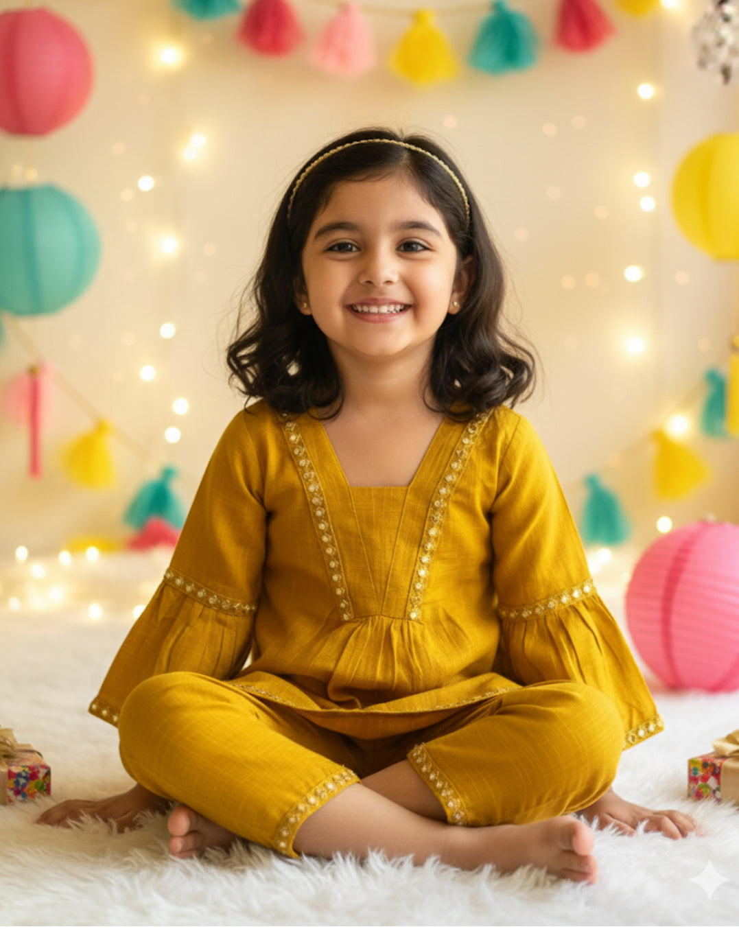 Solid Mustard Girls Short kurti Plazo Coord Set