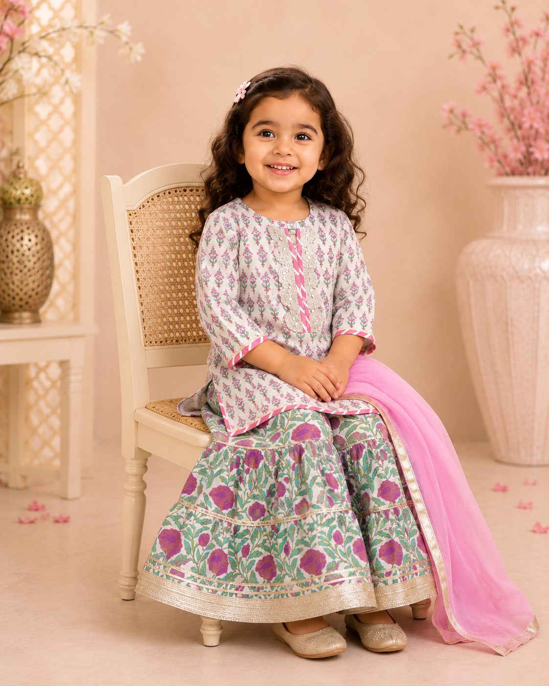 Girls Off White Kurti With Purple Jaal Sharara And Dupatta Rakhi Festive Collection