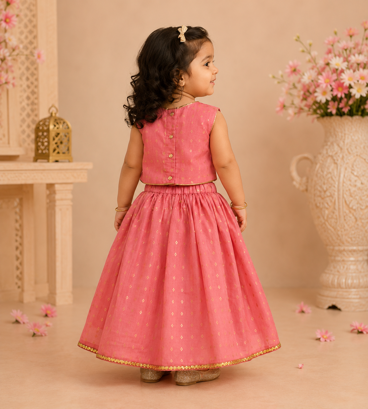 Gulabi Pink Soft Chanderi Banarasi Golden Foil Lehnga Choli Rakhi Edit