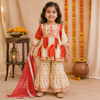Girls Cream Bandhej Printed Peplum Kurti with Sharara & Dupatta | Mirror Work | Organic Cotton Ethnic Set
