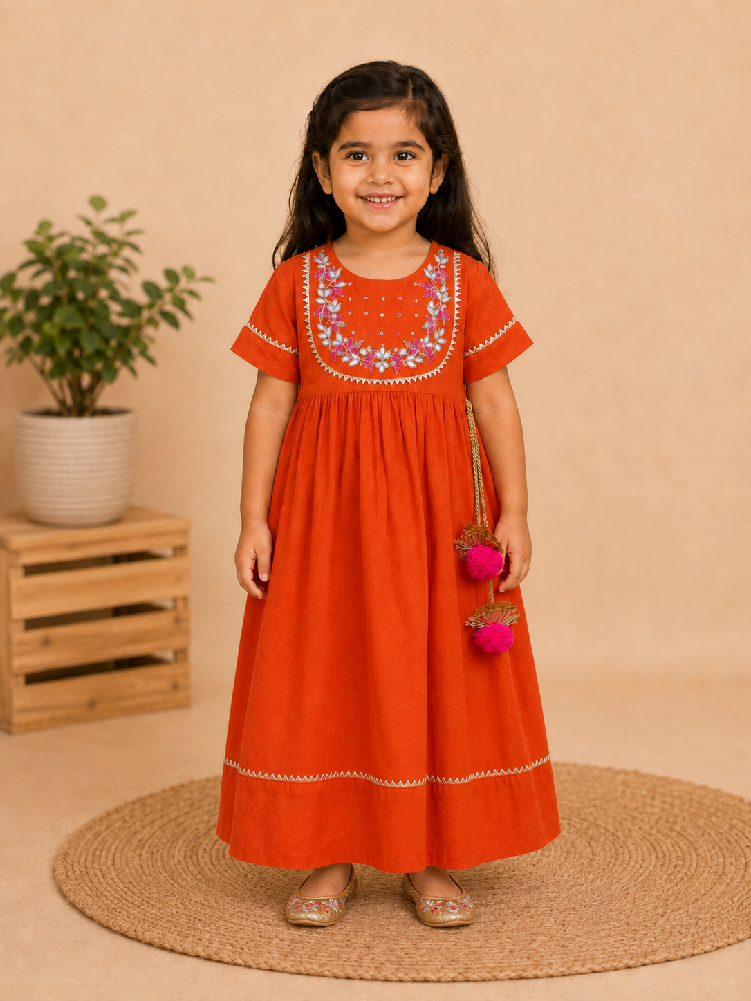 Rust Orange GottaPatti Work Ankle Length Dress