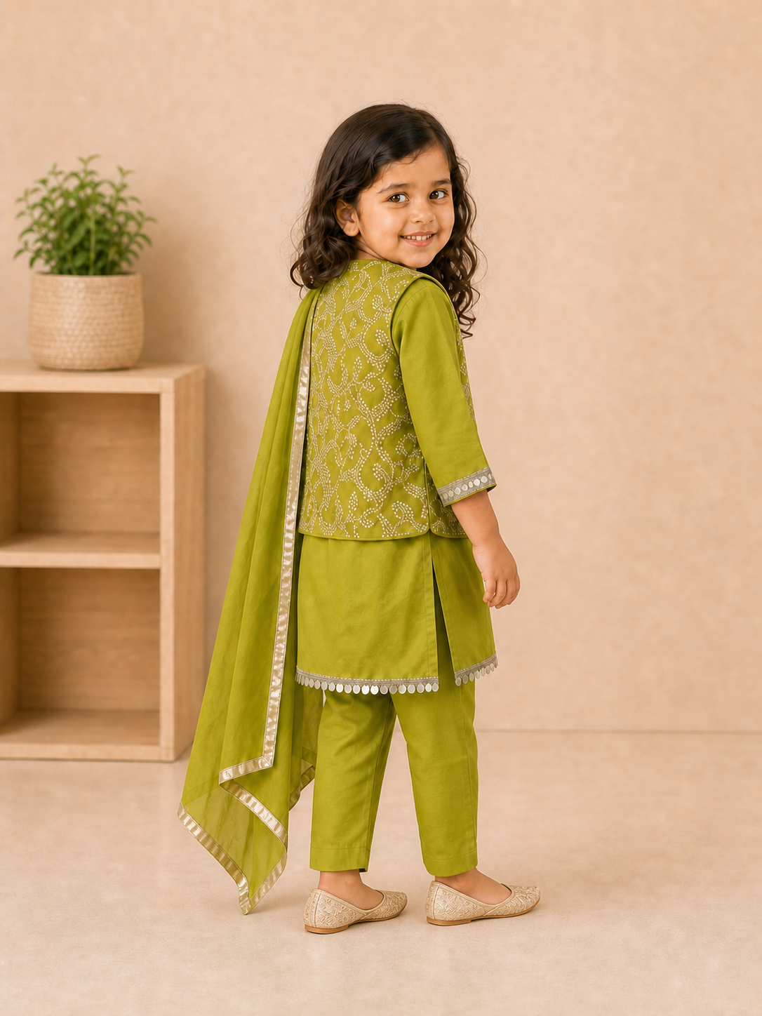 Designer Party Wear Green Rakhi Collection Muslin Kurta Set With Crop Designer Jacket