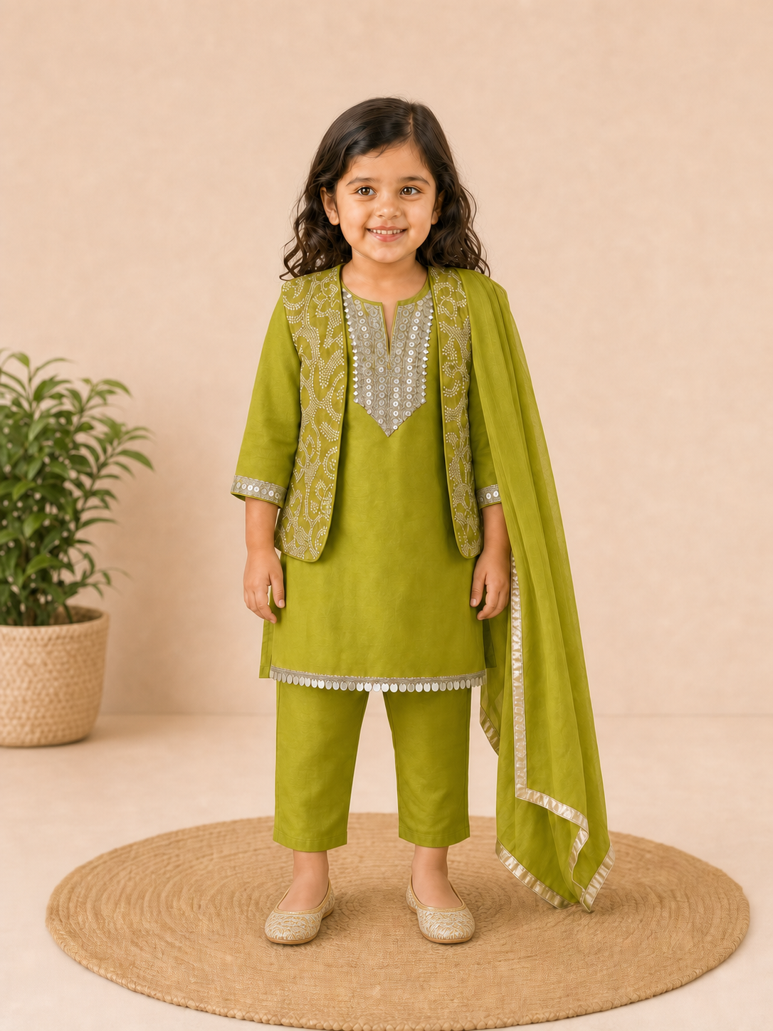 Designer Party Wear Green Rakhi Collection Muslin Kurta Set With Crop Designer Jacket