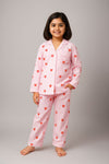 Pink White Striped Red Heart Printed Night Suit