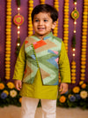 Parrot Green Multicolored Nehru Jacket Kurta Pyjama Set
