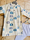Cream Blue / Orange Elephant Print Kurta Set