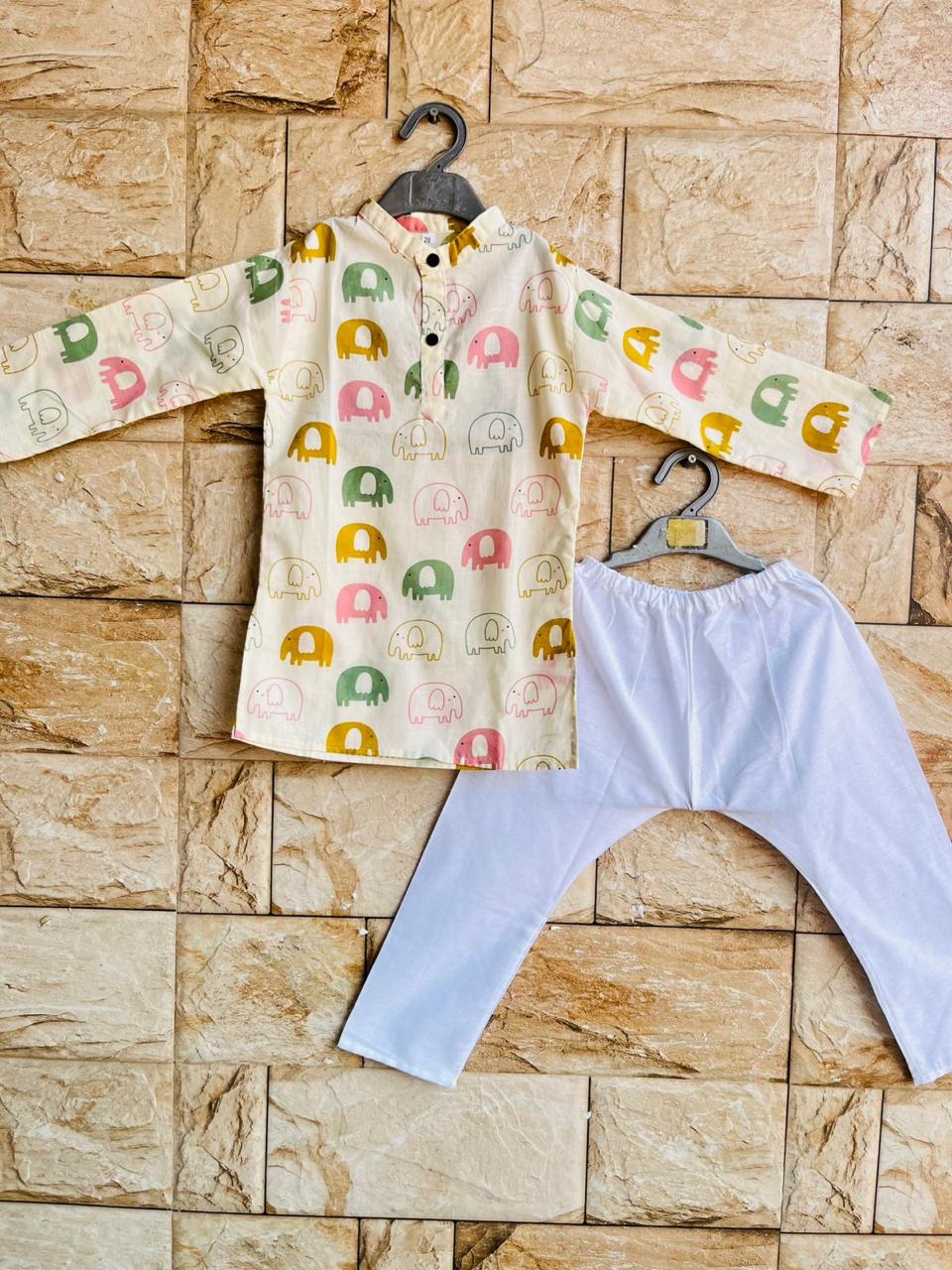 CreamBlue/orangeElephantPrintKurtaSet