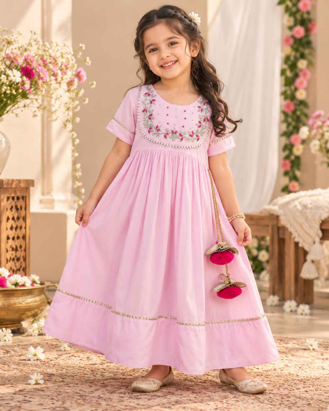 Baby Pink GottaPatti Work Ankle Length Dress