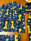 Navy Blue Universe Printed Yellow Girraffes Printed Night Suit With Travel Bag