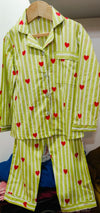 Lime Green White Striped Red Heart Printed Night Suit