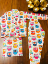White Multicolored Smiling Owl Faces Printed Night Suit With Travel Bag