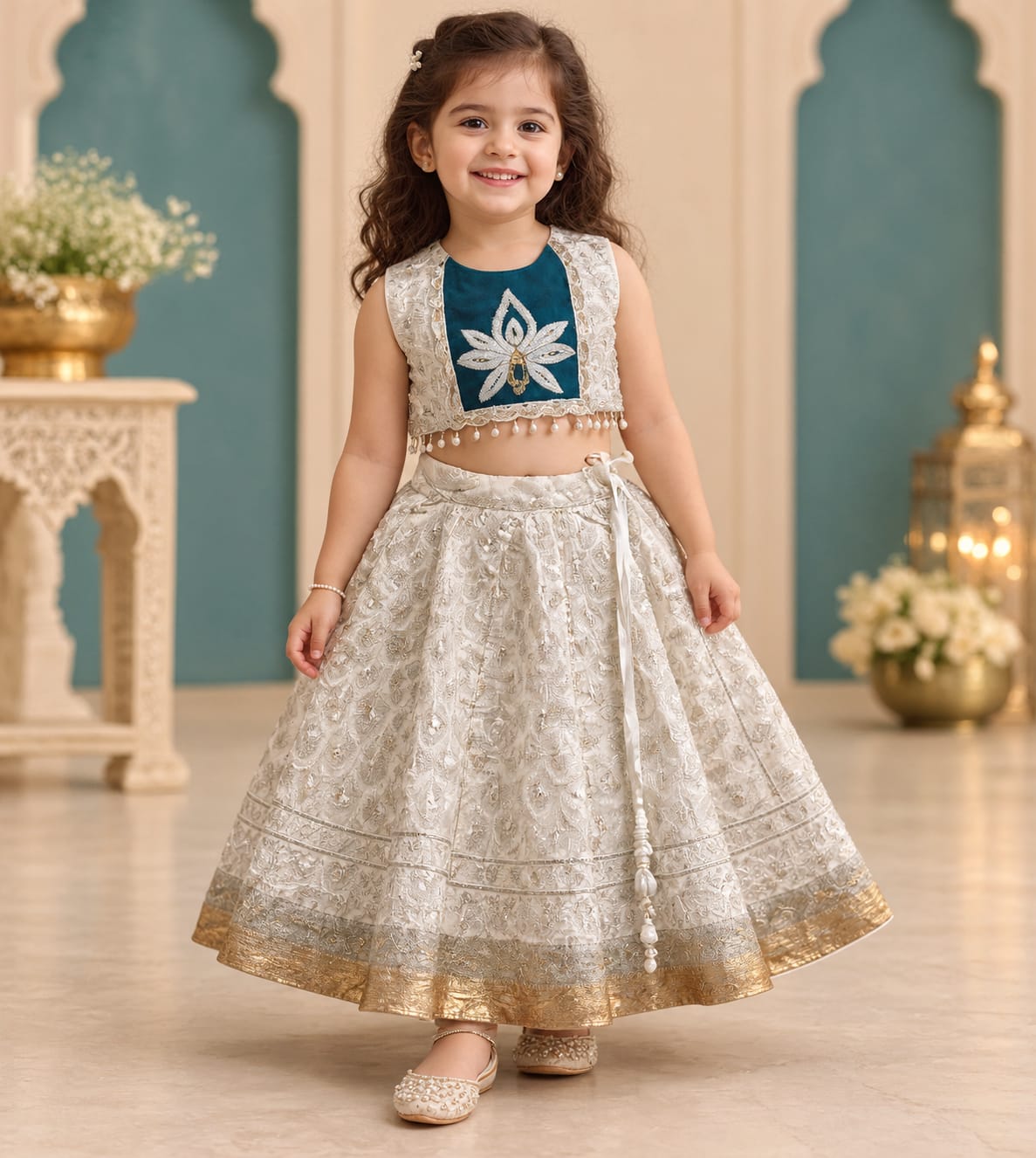Bandhani Blue And Off White Chaniya Choli