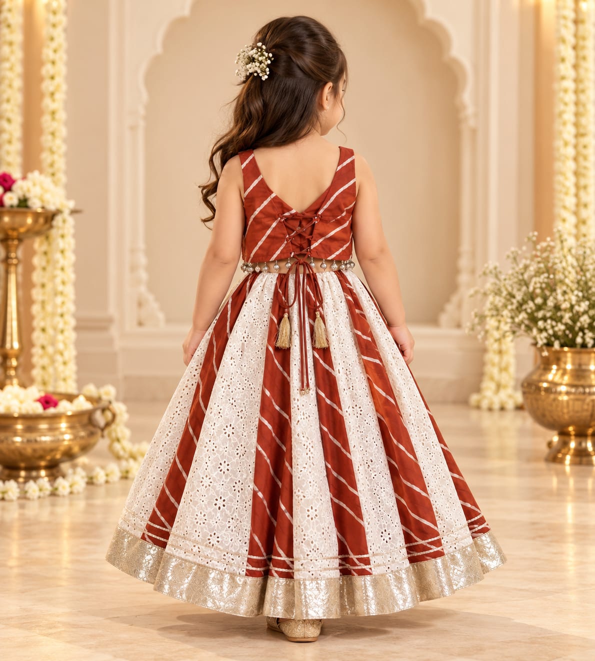 Bandhani Rust And Off White Chaniya Choli