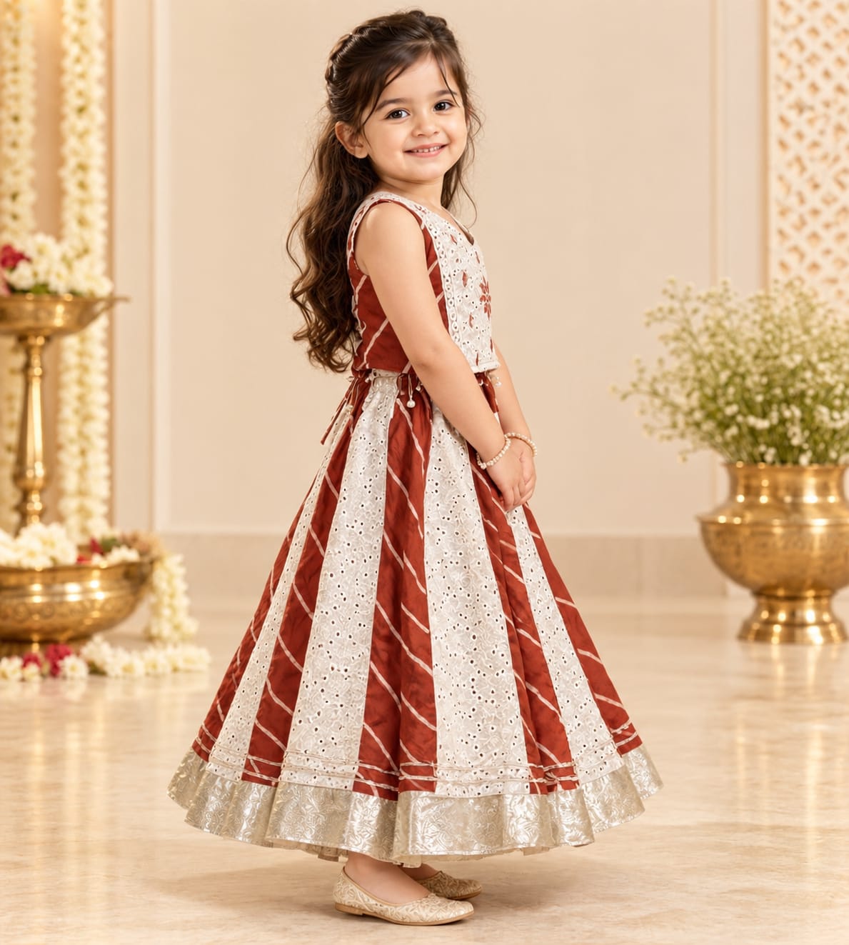 Bandhani Rust And Off White Chaniya Choli