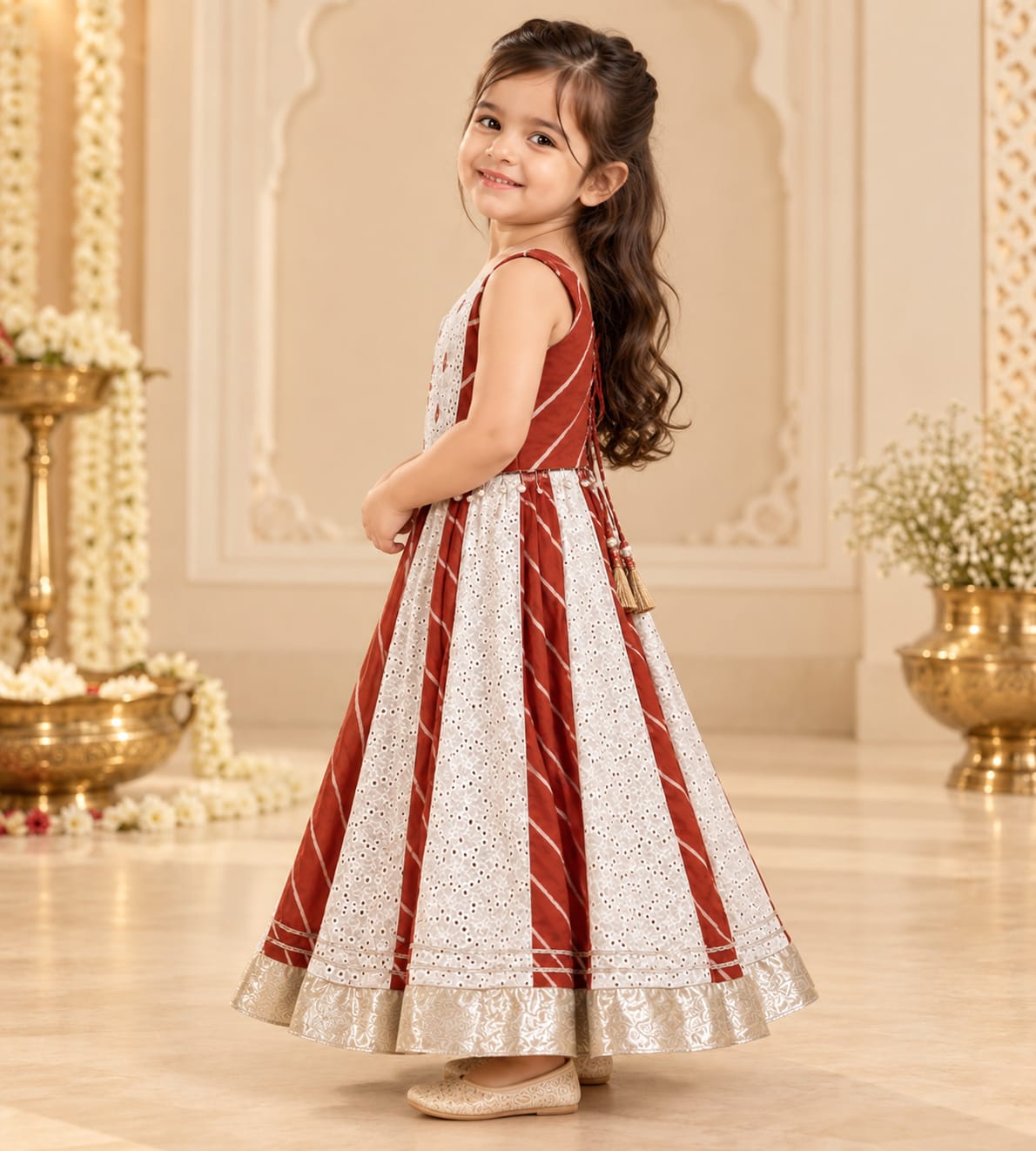 Bandhani Rust And Off White Chaniya Choli