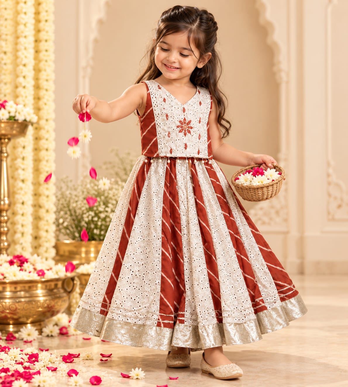 Bandhani Rust And Off White Chaniya Choli