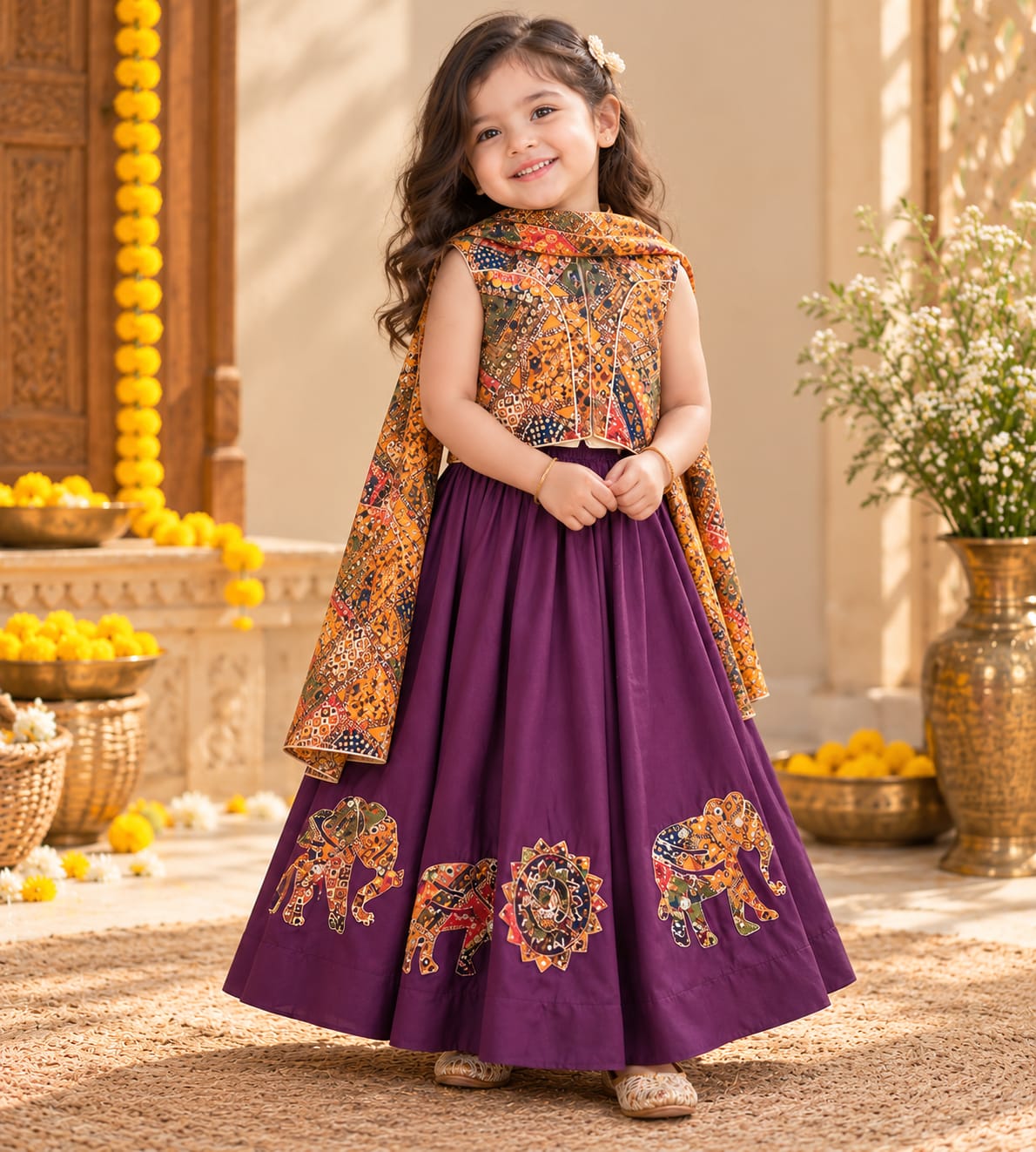 Navratri Multi colour choli and purple elephant print Lehenta