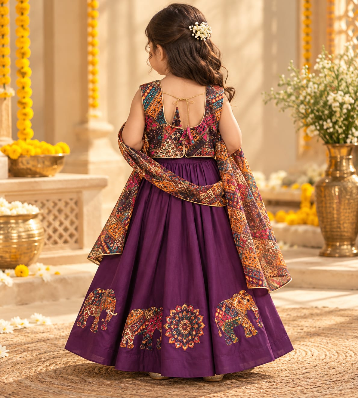 Navratri Multi colour choli and purple elephant print Lehenta
