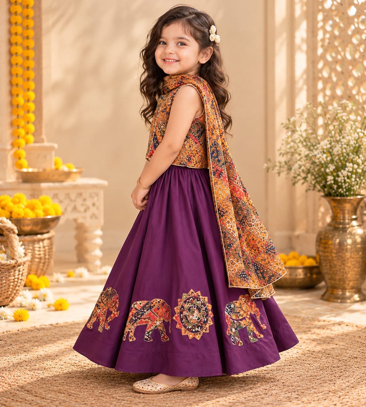 Navratri Multi colour choli and purple elephant print Lehenta
