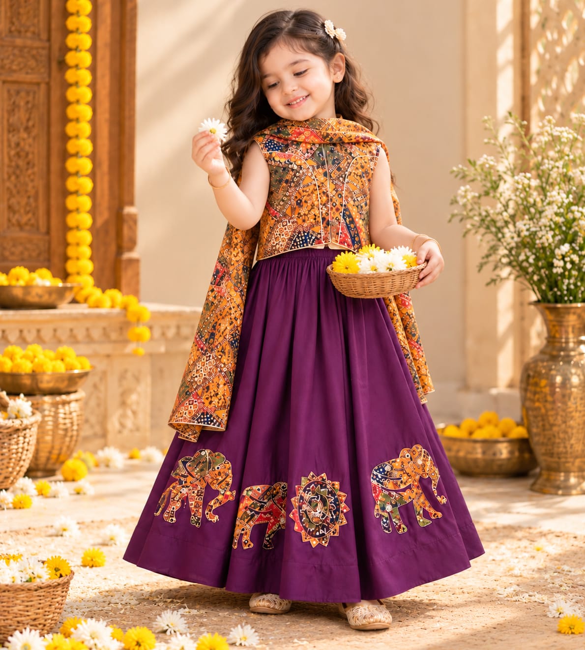Navratri Multi colour choli and purple elephant print Lehenta