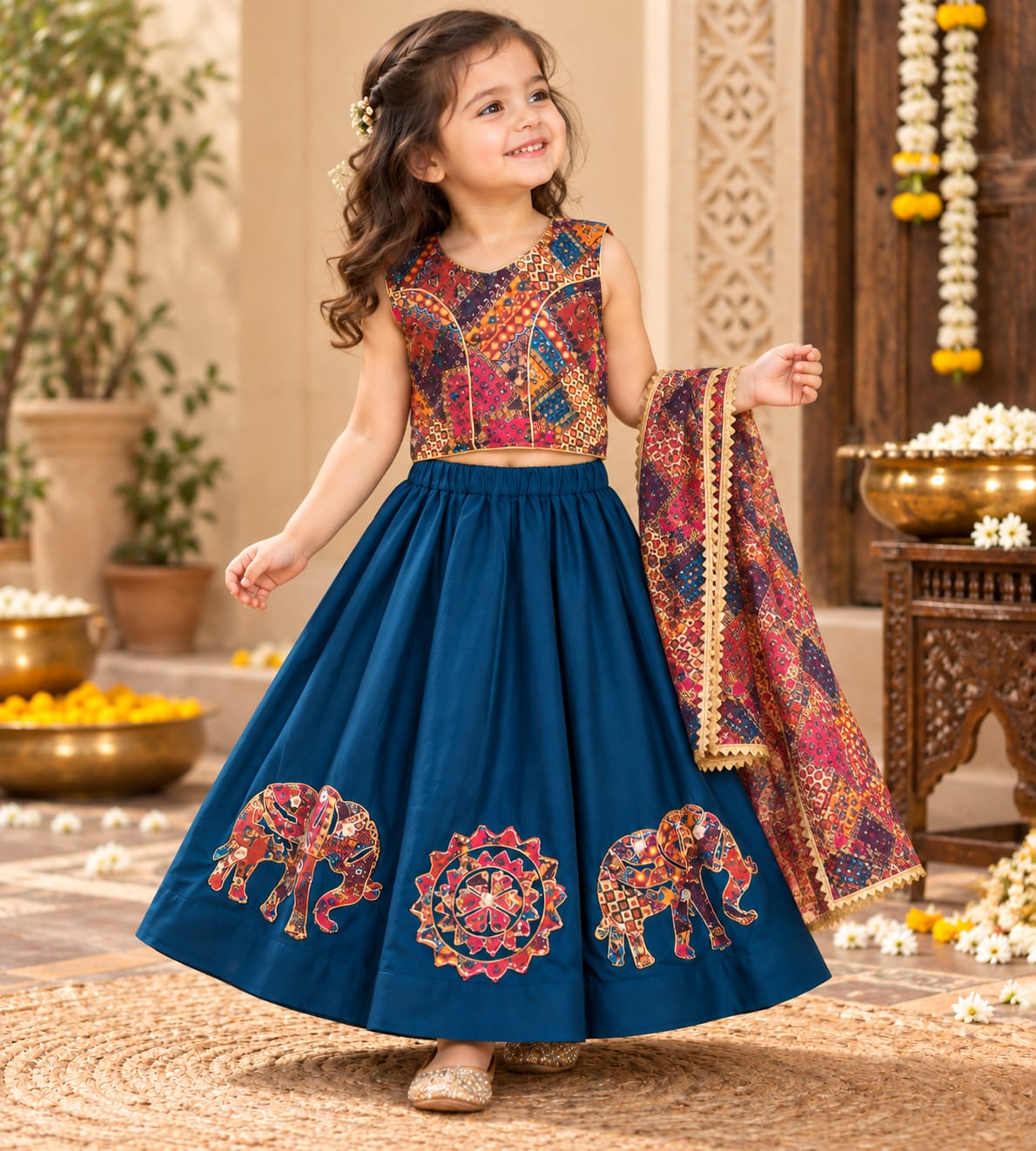 Navratri Multi colour choli and Blue elephant print Lehenga